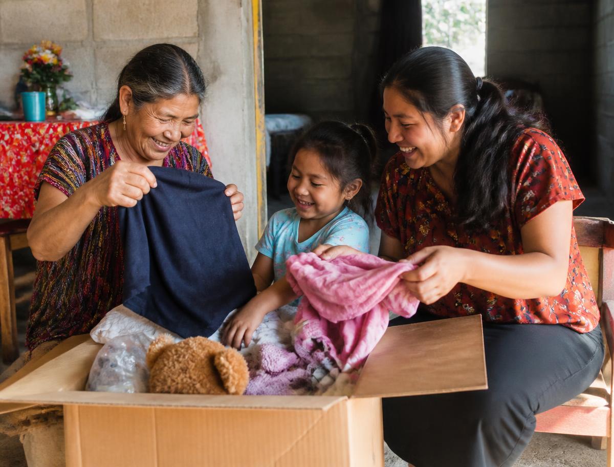 Familia recibiendo una caja con regalos